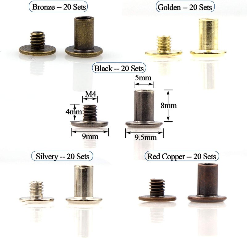 ALLOYPRO 100 Sets Chicago Screws Assorted Kit 5 Color Leather Rivets 5/16”(5x8mm) Screw Rivets Flat Fillister Book Binding Posts Nail Rivet Chicago Bolts for DIY Leather Craft Black Silver Golden Bronze - Image 2